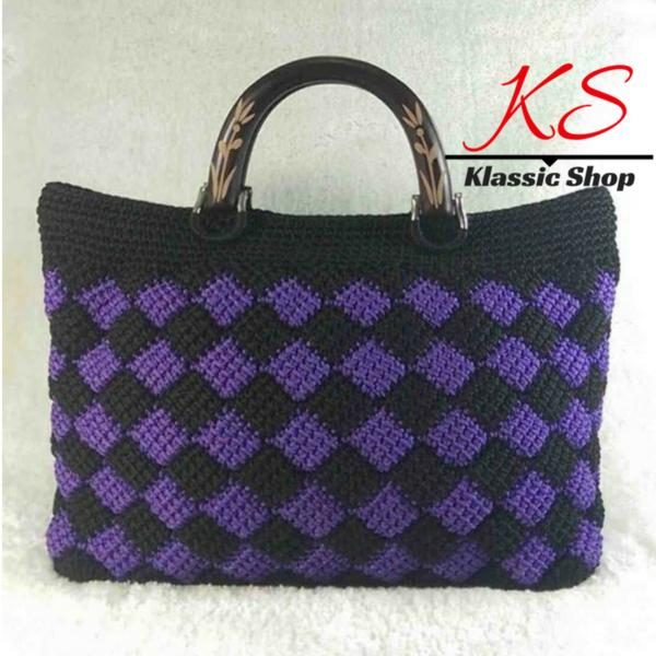 Multi color handmade crochet purse wooden double handles