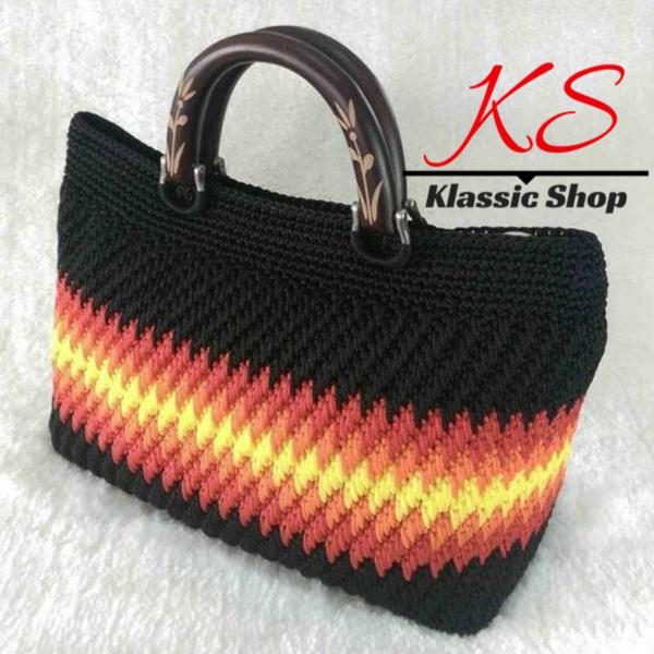 Multi color handmade crochet bag double wooden handle