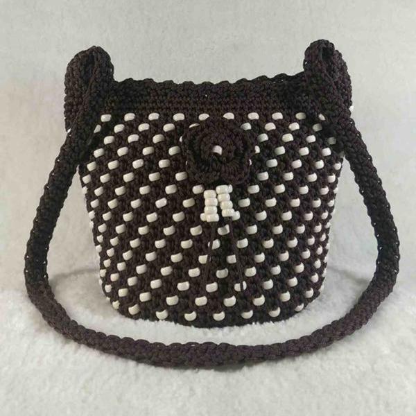 Brown color handmade crochet beaded cross-body bag